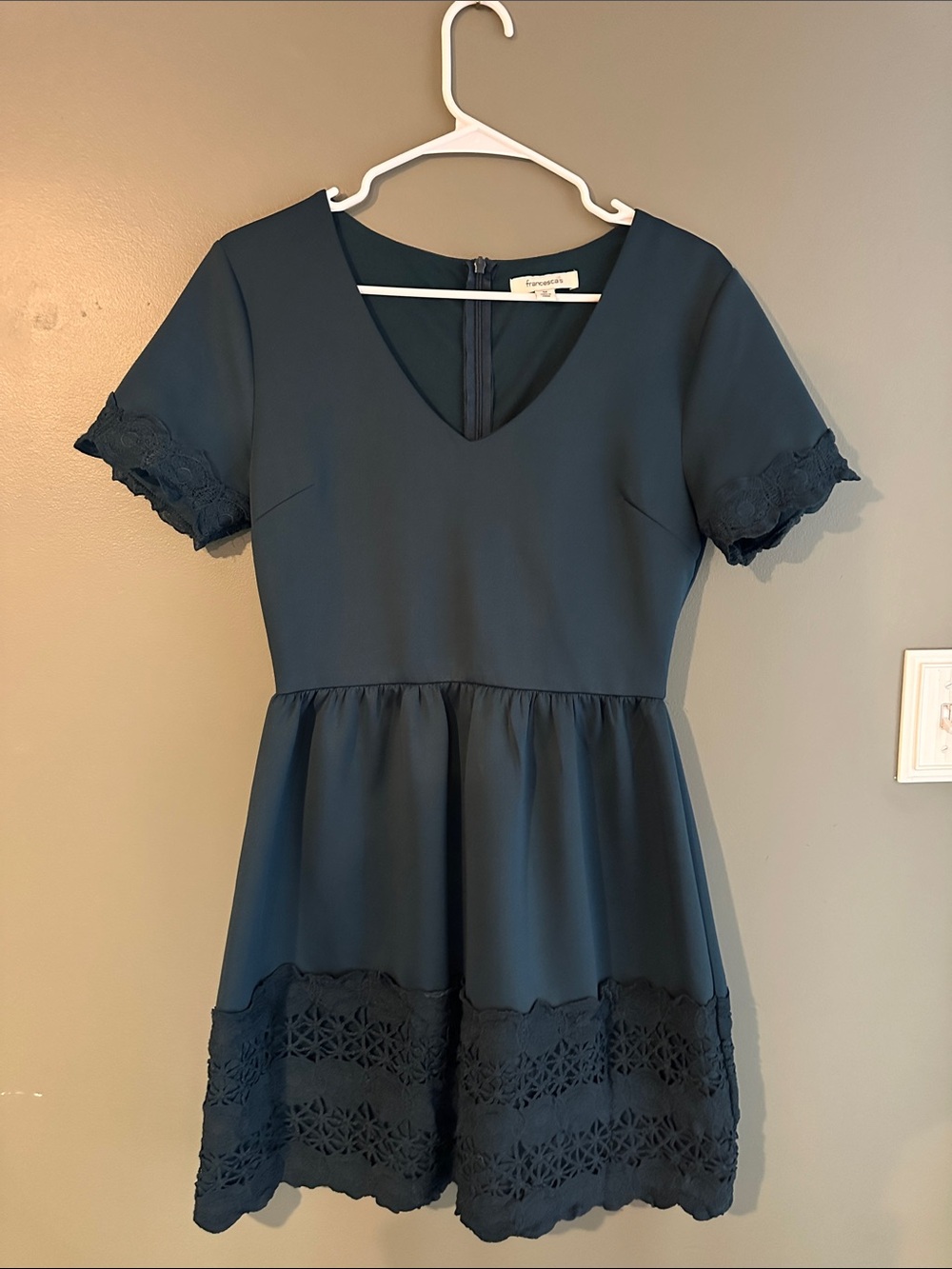 Francesca’s Teal Short Sleeve Lace-Hem Skater Dress